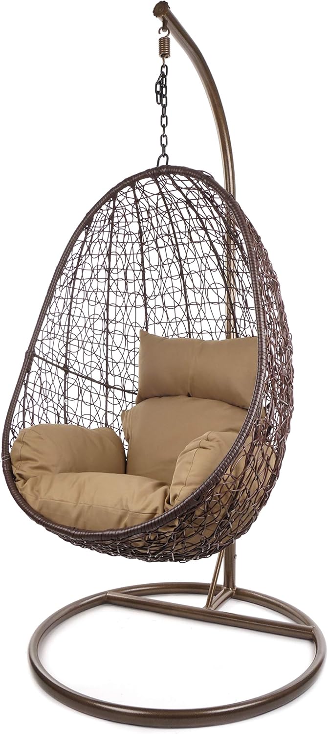 Kideo Hazelnut fauteuil suspendu - Polyrotin marron avec armature métal - Coussin marron pour 1 personne - Charge maximale 120 kg intérieur extérieur poids 27 kg