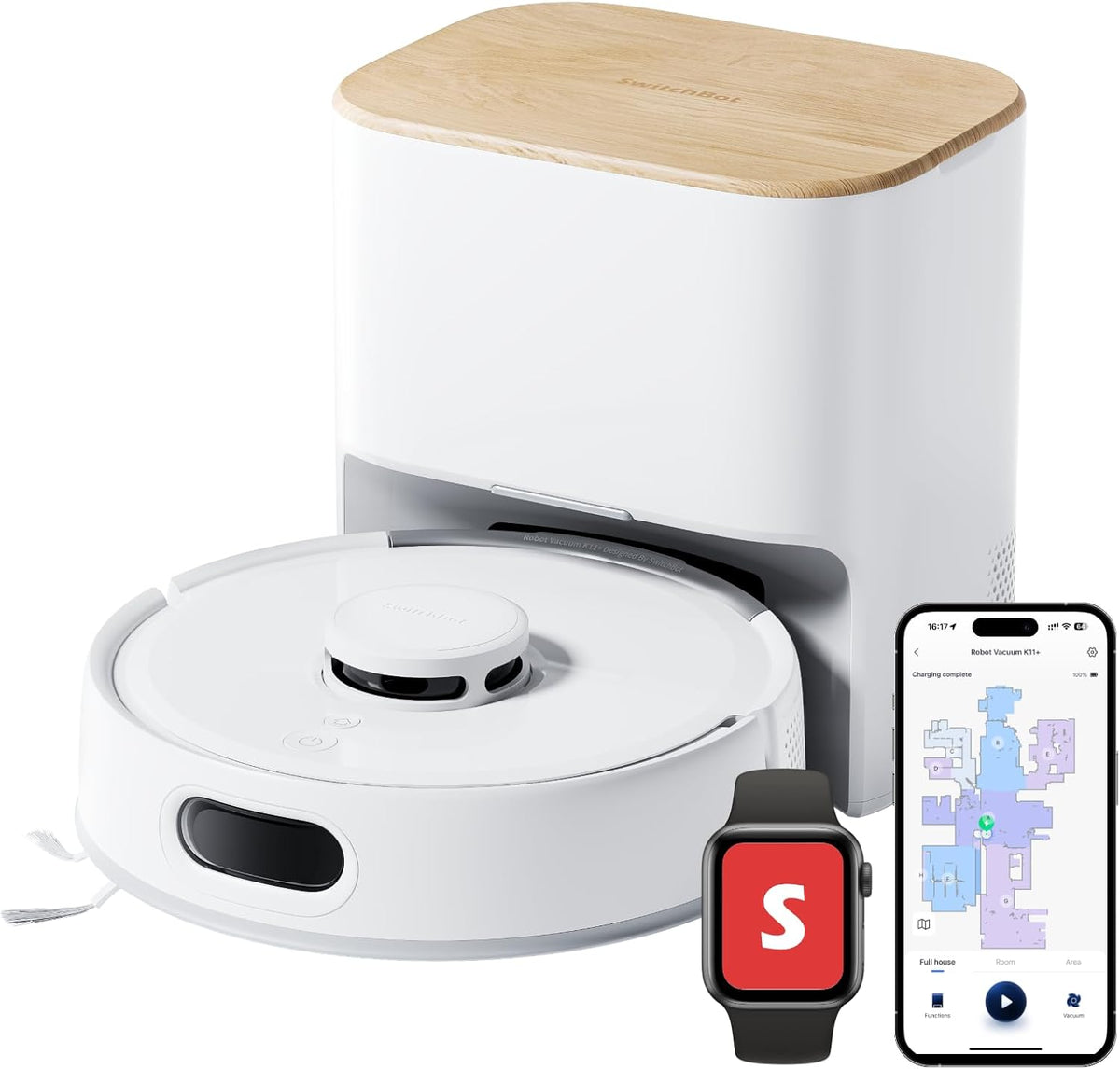 SwitchBot K11+ Robot Aspirateur Laveur - Aspiration 6000 Pa avec Vidange Automatique - Navigation LiDAR Cartographie Intelligente et Capacité 4 Litres