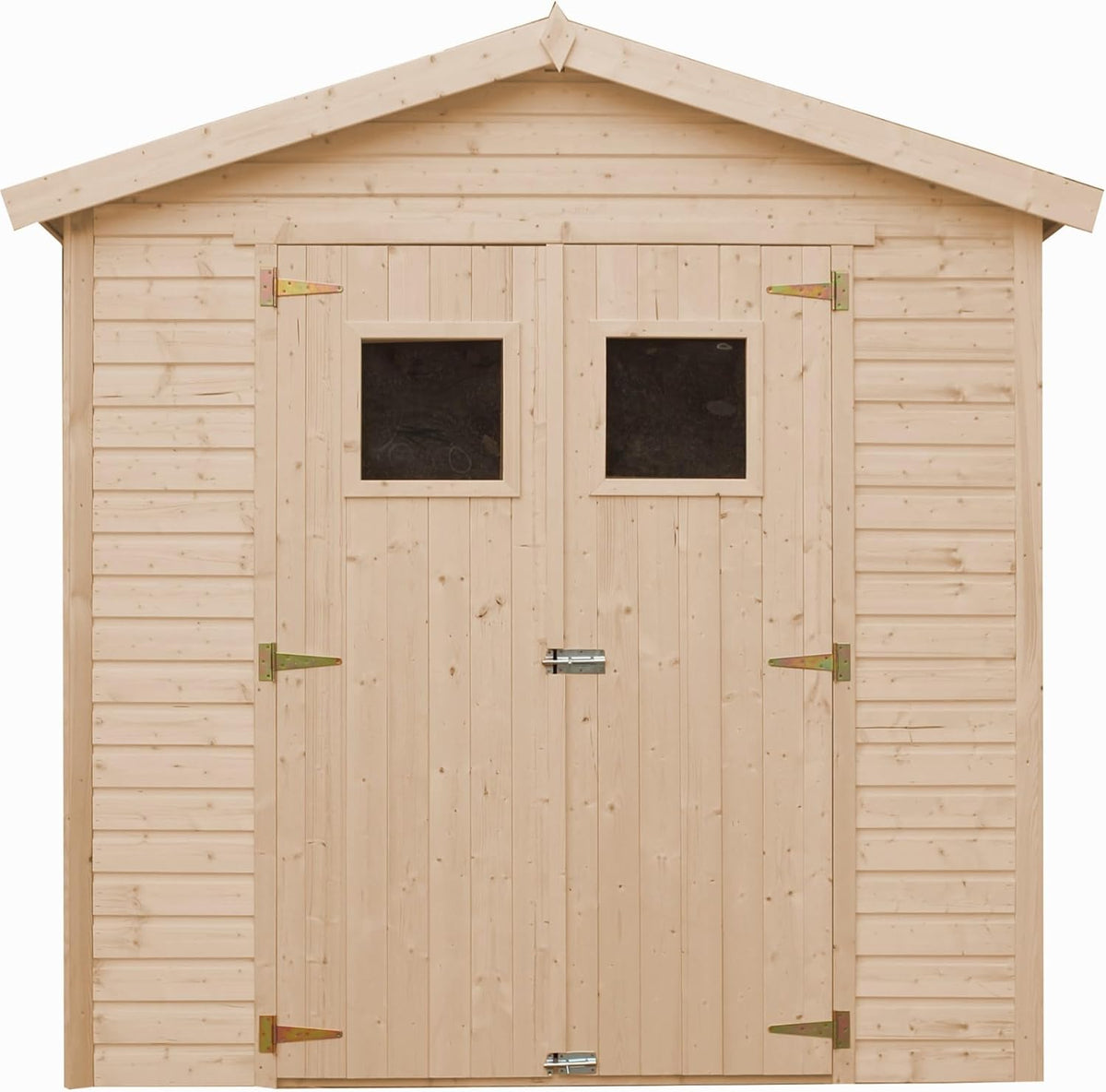 Timbela M351 abri de jardin bois naturel 4,2 m2 - Double porte avec fenêtres pour outils et vélos - Modèle sans plancher - Dimensions 228 x 222 x 233 cm