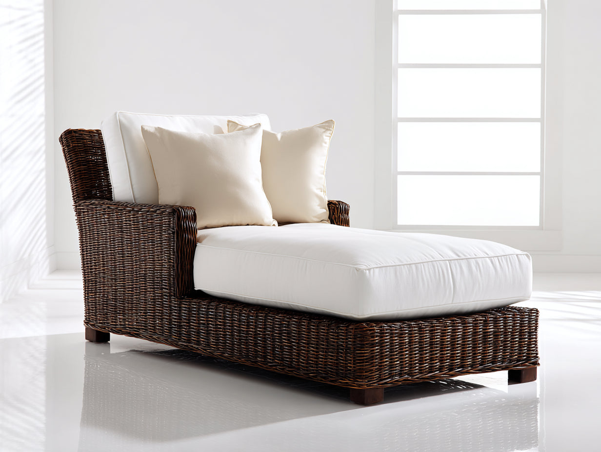 Bain de soleil - résine tressée-tissu-bois - 190x88x82 cm - Blanc-Marron - style naturel