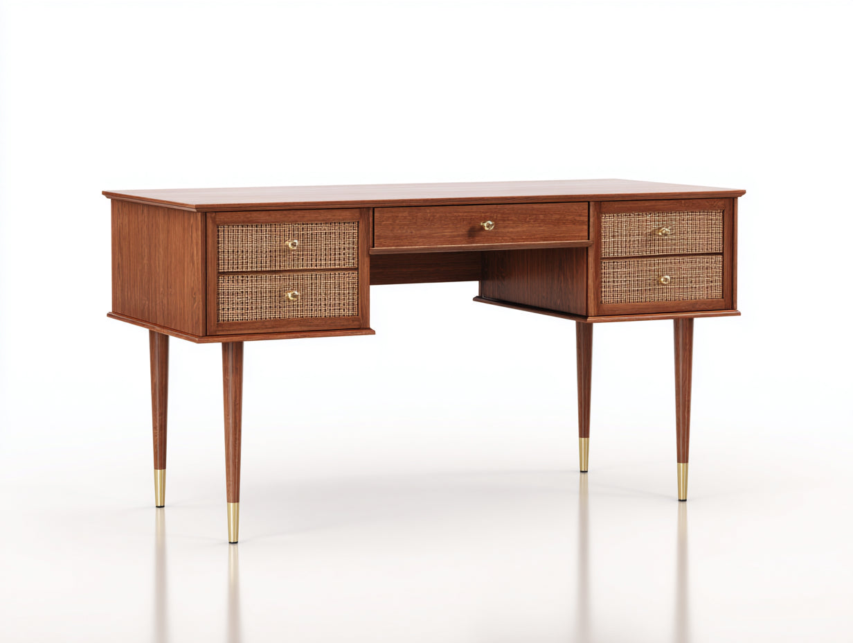 Bureau-Bois-Rotin-Métal-138x58x79 cm-Marron-Beige-Doré-Rétro
