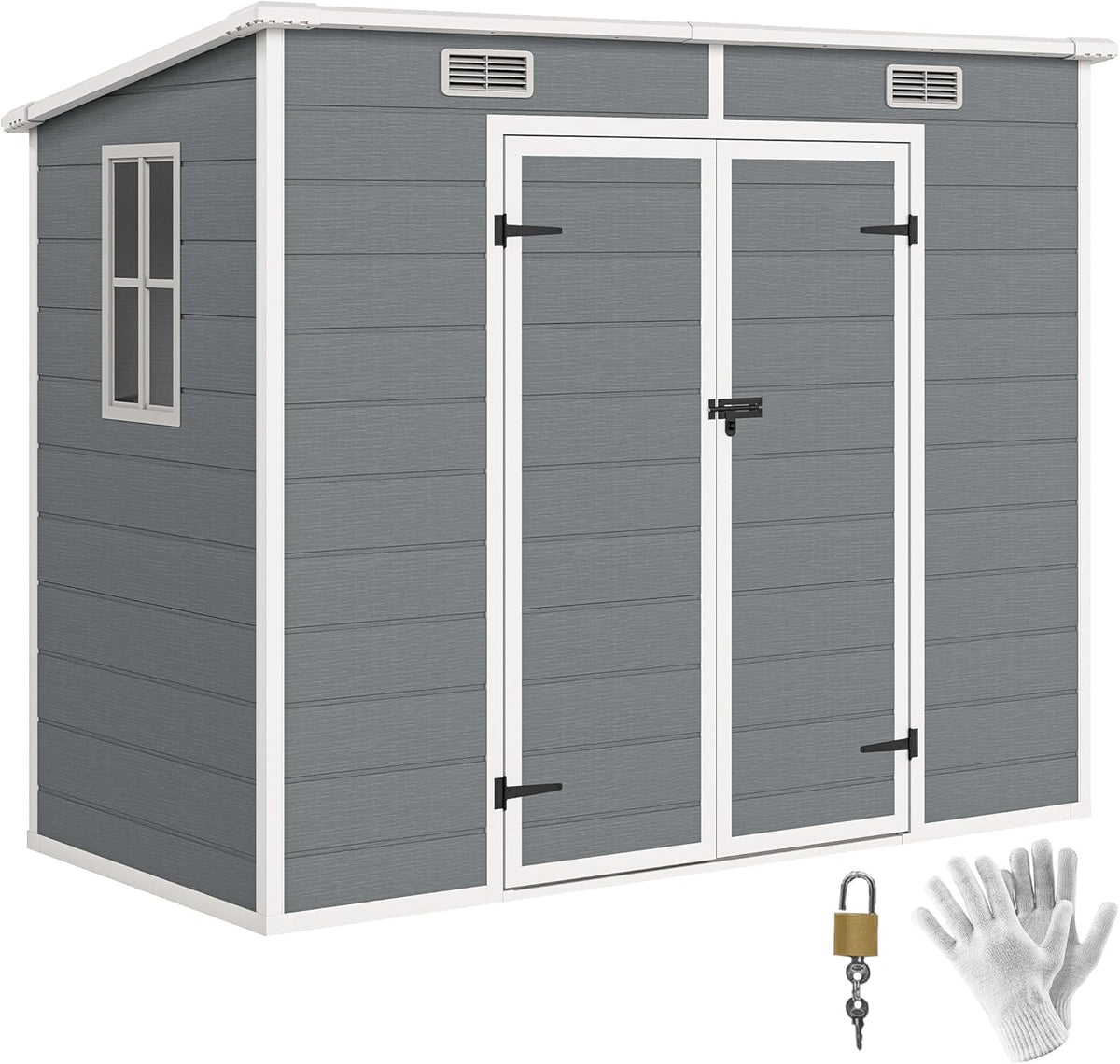 Outsunny abri de jardin 2,54 m2 - Polypropylène gris renforcé aluminium avec fondation - Fenêtre portes verrouillables et 2 aérations - Dimensions 238 x 125 x 183 cm