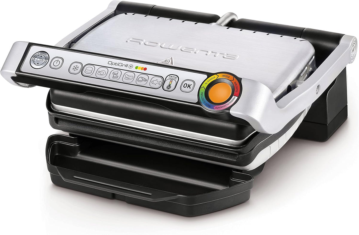 Rowenta GR712D OptiGrill Plus grill intelligent - Puissance 2000 W avec 6 programmes automatiques - Structure aluminium noir et argent - Couvercle inclus alimentation 220 V