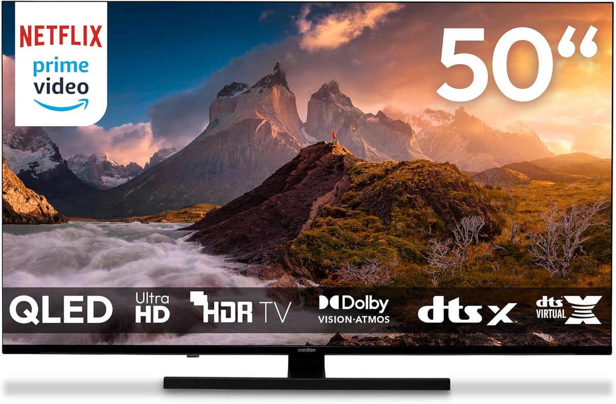 MEDION MD850700 Smart TV 50 pouces - Écran QLED 4K 60 Hz avec Dolby Vision HDR - Dolby Atmos DTS X et Google TV - Prime Video Disney Plus Bluetooth commande vocale