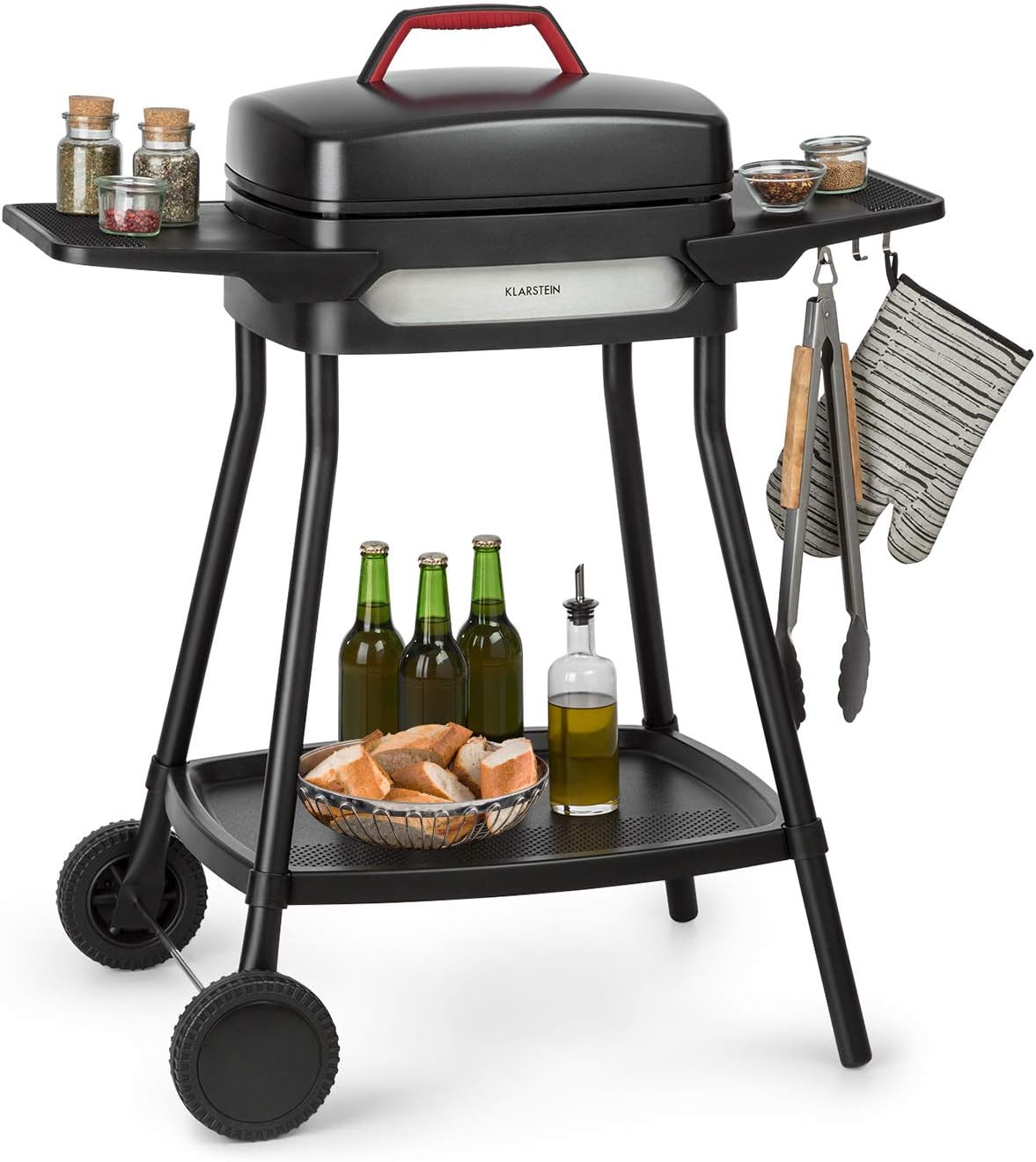 Klarstein Gatsby Gril électrique sur pied 2000 W - Surface de cuisson aluminium moulé 40 x 36 cm - Couvercle et tables latérales noir