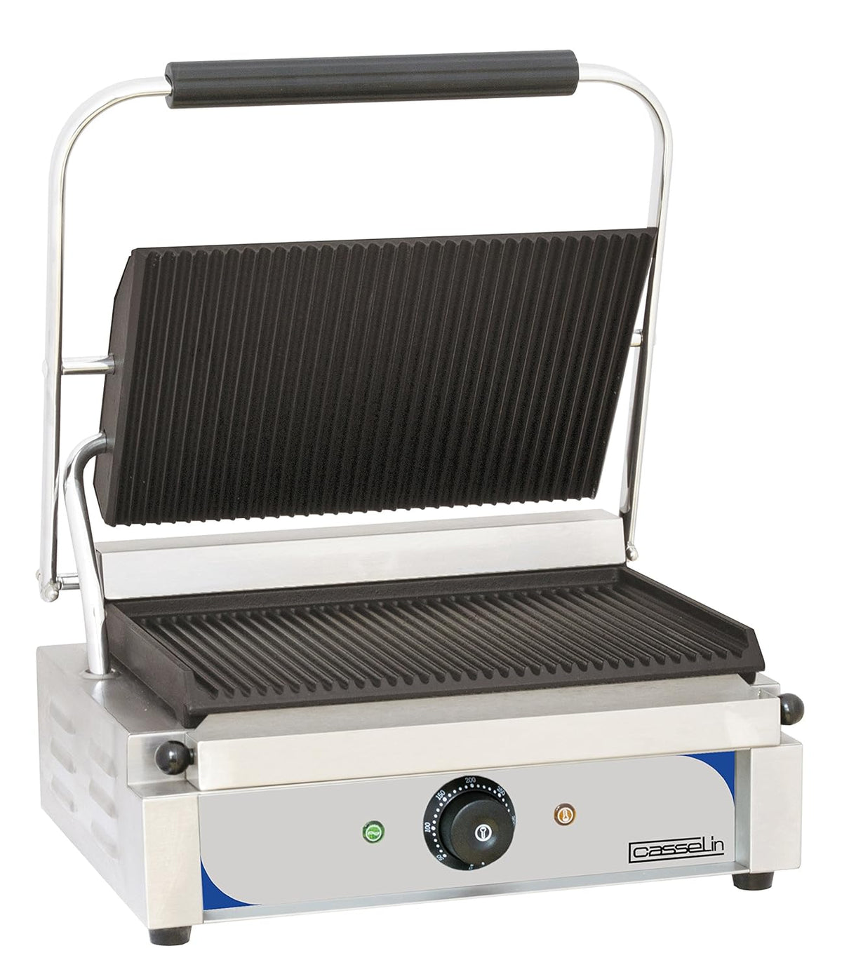 Casselin CGPRR grill panini professionnel - Plaques rainurées avec structure robuste en acier inoxydable - Réglage sur 6 niveaux et alimentation 230 V - Finition grise avec brosse incluse