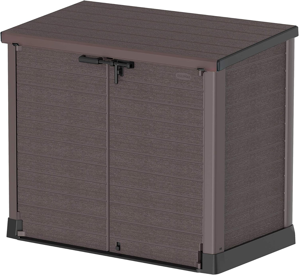 Duramax StoreAway coffre abri jardin 1200 L - Polypropylène marron avec couvercle plat - Pour vélos barbecue et 2 bacs de 240 L - Portes battantes étanches 145 x 85 x 125 cm
