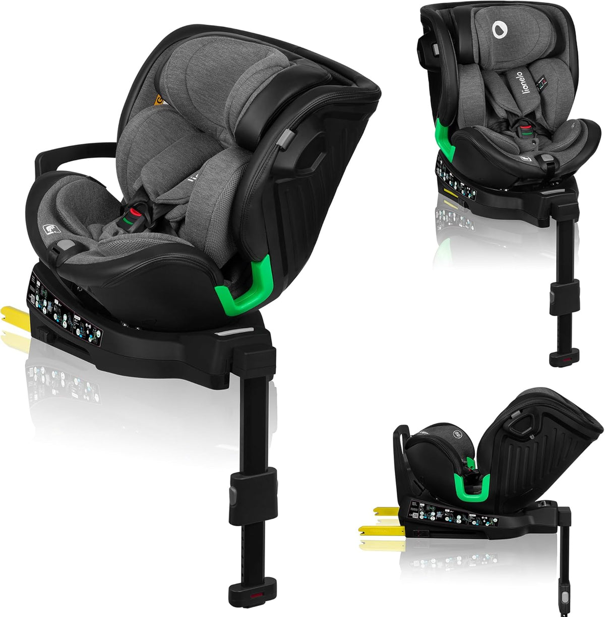 Lionelo Harmony i-Size siège auto 40 à 150 cm - Rotation 360 degrés ISOFIX avec pied stabilisateur - Appuie tête et dossier réglables Dri-Seat - Grey Graphite jusqu'à 36 kg