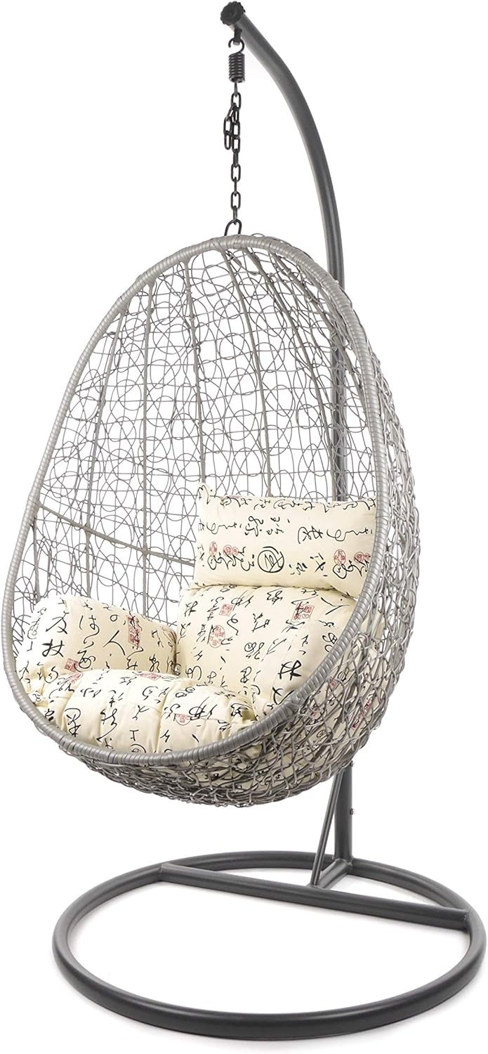 Kideo fauteuil suspendu polyrotin gris avec coussin beige Travel - Chaise lounge avec armature métal - Fauteuil oeuf 104 x 80 cm