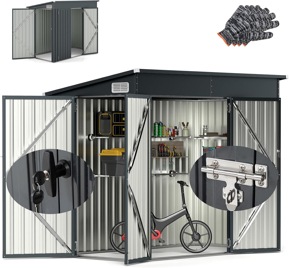 RELAX4LIFE abri de jardin métal 5 m3 - Structure galvanisée grise avec double porte verrouillable - Loquets clés et fenêtres pour rangement - Dimensions 235 x 117 x 185 cm