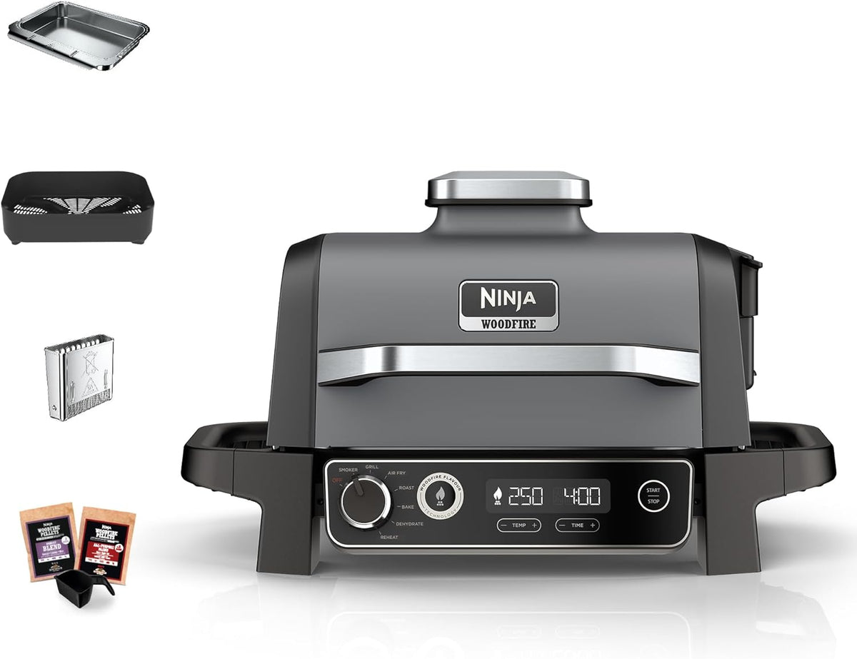 Ninja Woodfire OG701EU Barbecue électrique extérieur 7 en 1 - Grill fumoir air fryer et four - Acier inoxydable noir gris résistant aux intempéries