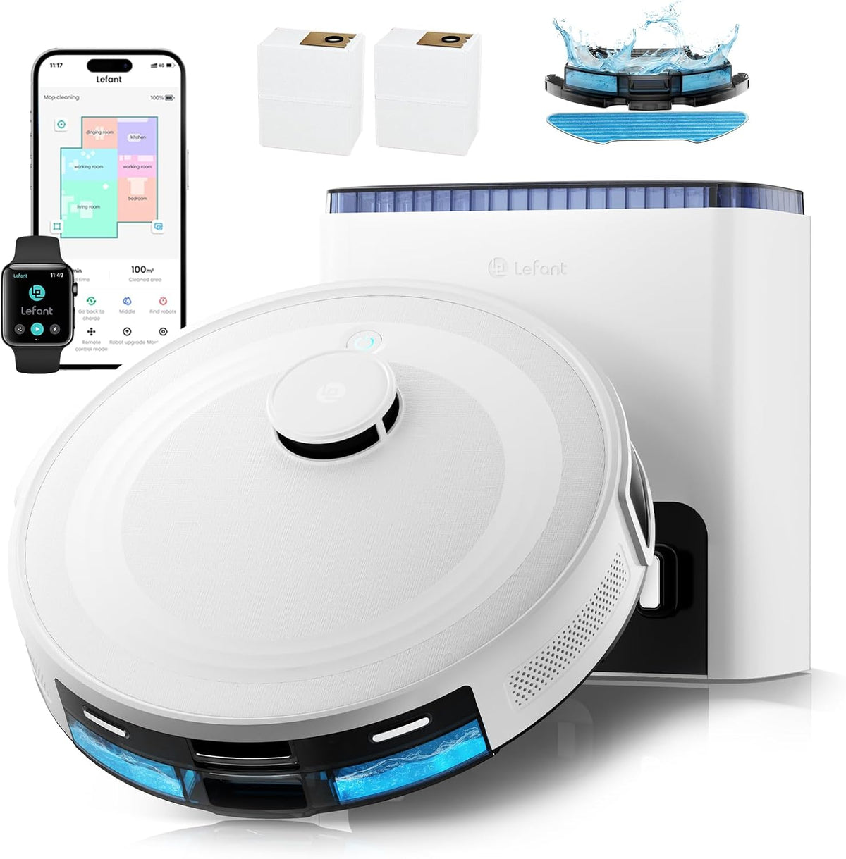 Lefant M2L Plus Robot Aspirateur Laveur - Aspiration 6000 Pa avec Station Vidage Automatique - Navigation Laser Cartographie et Nettoyage 3 en 1 pour Animaux