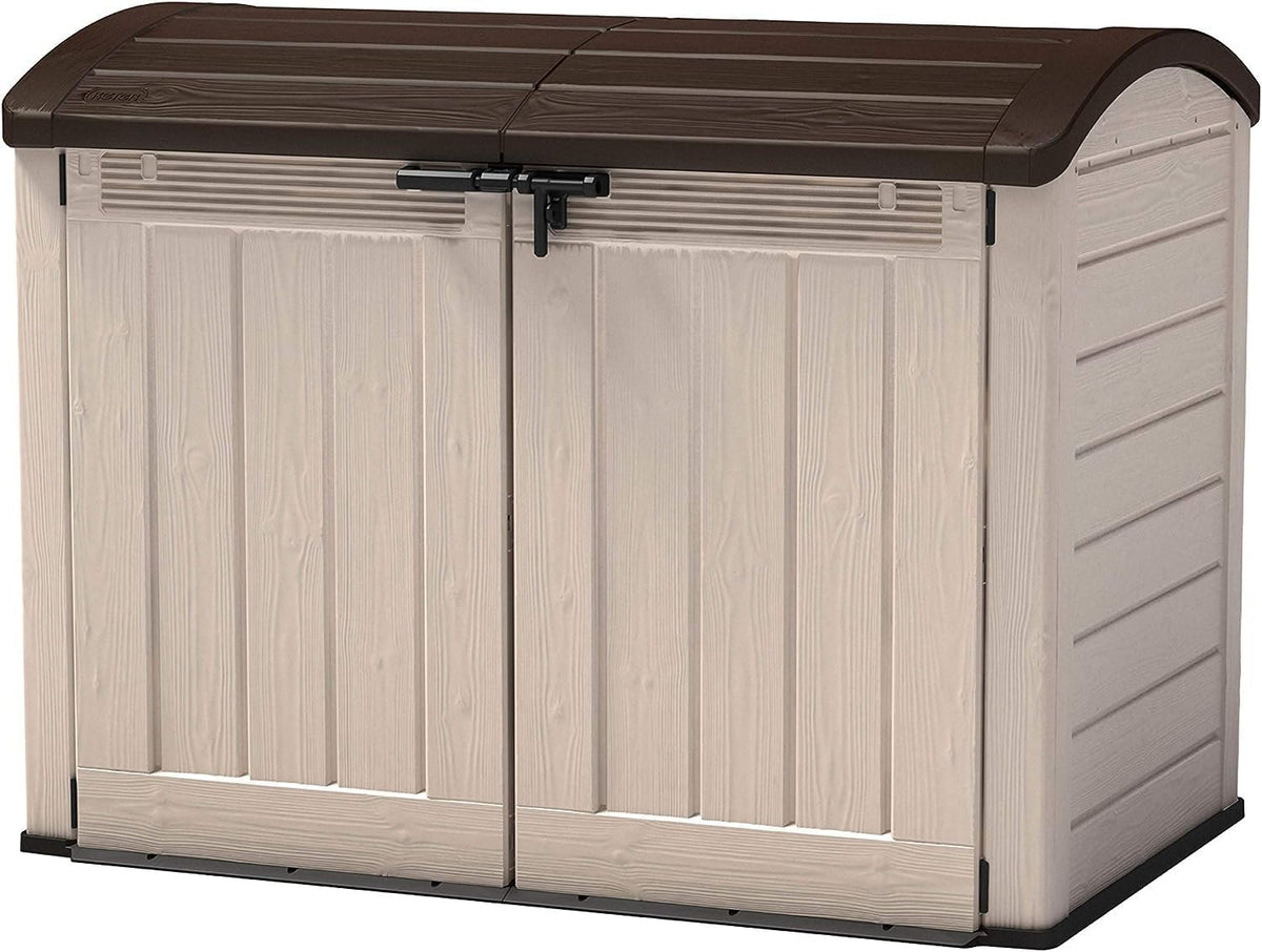 KETER SIO Ultra abri poubelle extérieur 2000 litres - Coffre rangement résine beige marron - Abri horizontal imperméable pour jardin