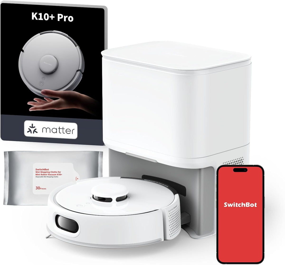 SwitchBot K10 Plus Pro robot aspirateur compact - Vidange automatique jusqu'à 90 jours - Format mini silencieux avec filtre HEPA - WiFi 2,4 GHz Alexa Siri contrôle vocal