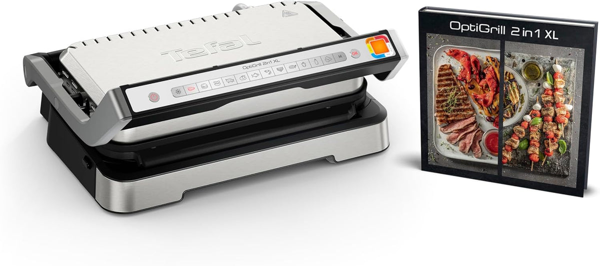 Tefal OptiGrill GC782D10 grill électrique XL - Barbecue de contact 2 en 1 avec 12 programmes - Affichage du niveau de cuisson et plaques amovibles - Finition argentée avec livre de recettes