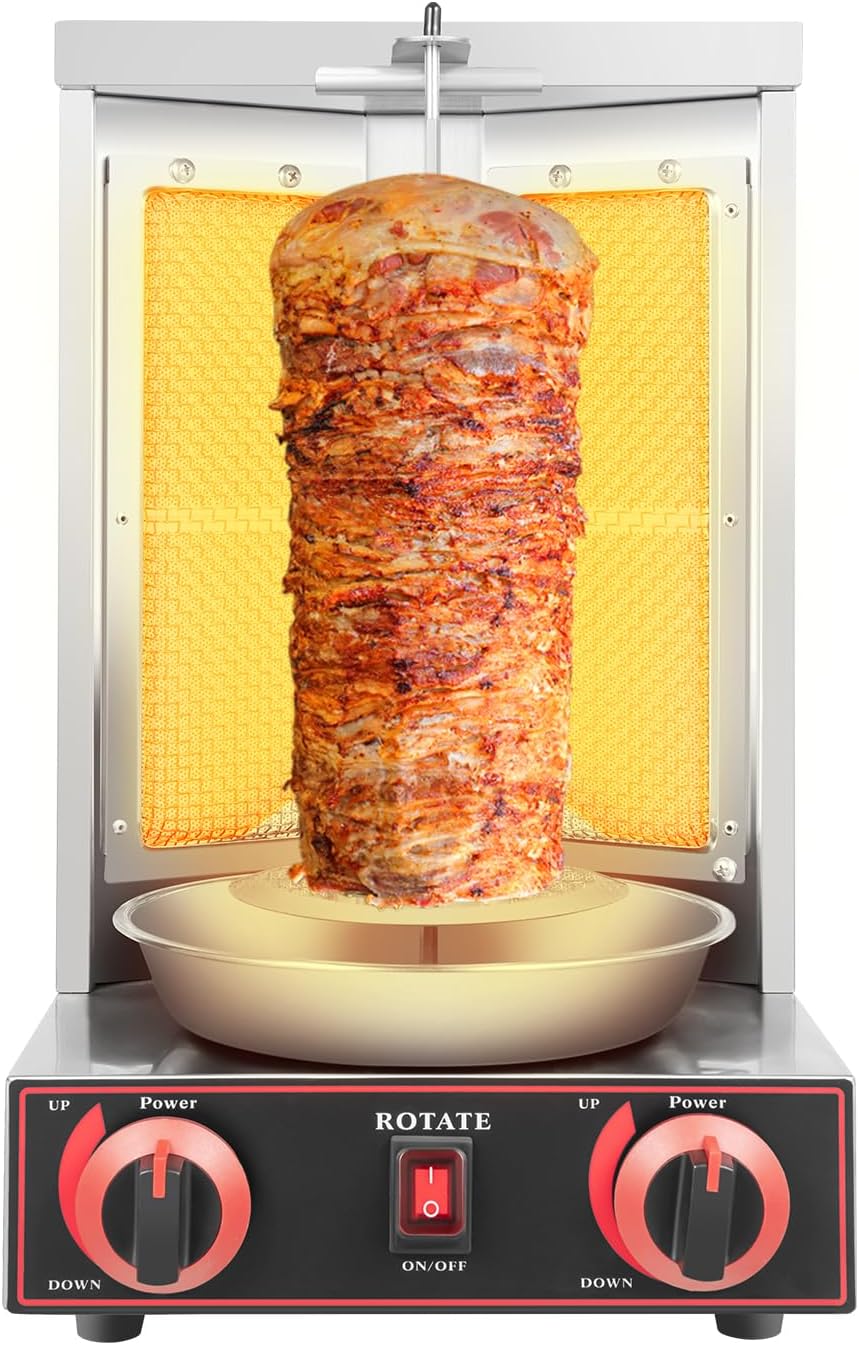 YUCHAIWU gril vertical rotatif kebab - Puissance 3000 W avec rotation 360 degrés - Deux tubes chauffants pour viande shawarma gyros - Acier inoxydable 30 x 30 x 48 cm