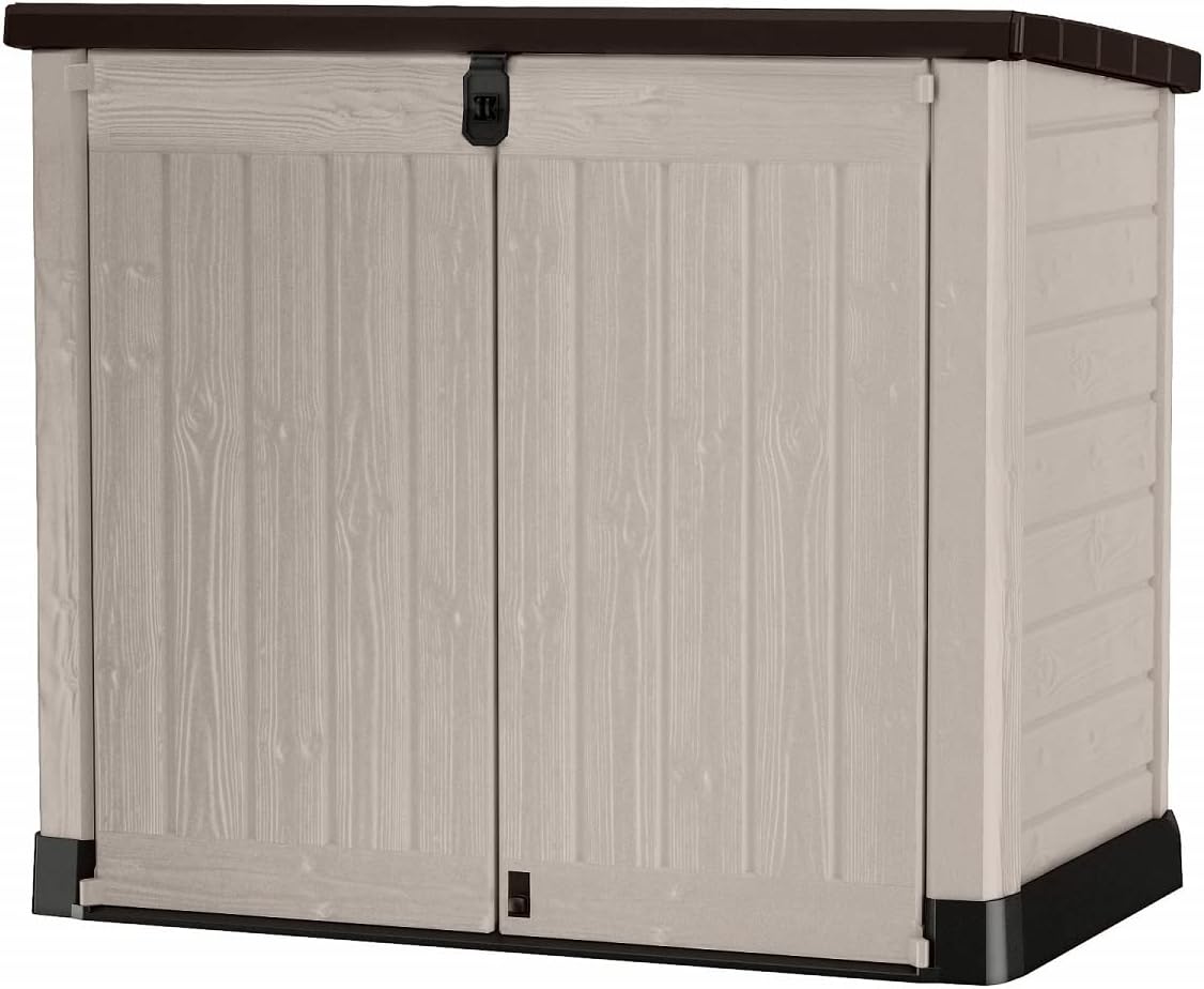 KETER SIO Pro abri horizontal pour poubelles 1200 litres - Coffre de rangement extérieur beige en polypropylène - Design imitation bois