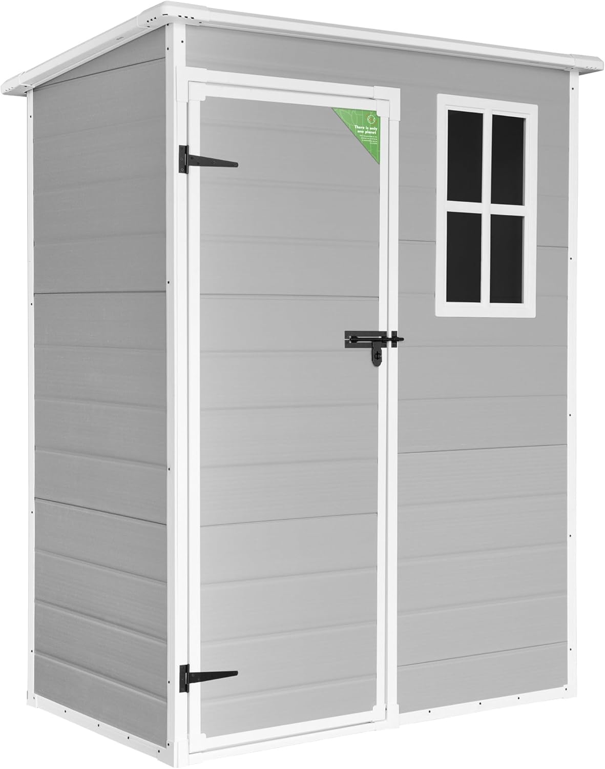 Wasabi Unit 1.4 abri de jardin résine 1,37 m2 - PVC et polypropylène gris blanc avec plancher - Fenêtre lumière du jour et porte à charnière - Panneaux épaisseur 12 mm
