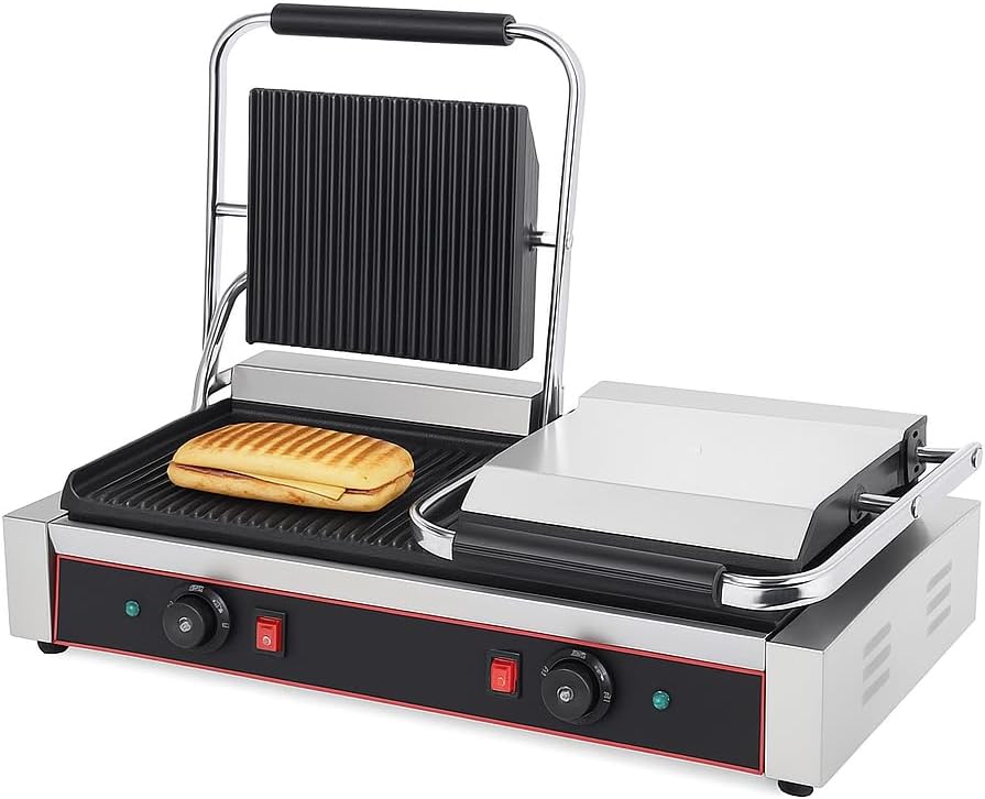PESAGE MB grill panini professionnel double - Deux plaques fonte 240 x 235 mm et puissance 4,4 kW - Température jusqu'à 300 degrés Celsius - Acier inoxydable 230 V avec bac à graisse