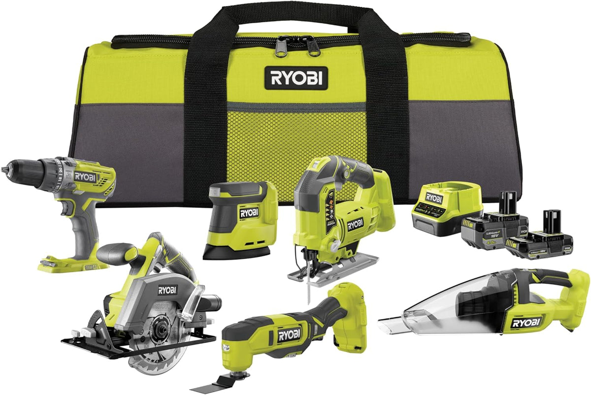 RYOBI kit 6 outils 18V ONE plus avec perceuse percussion scie sauteuse ponceuse outil multifonction scie circulaire aspirateur