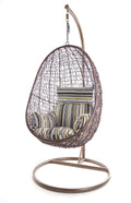 Kideo fauteuil suspendu marron avec coussin rayé naturel - Chaise lounge suspendue avec armature métal - Siège oeuf intérieur extérieur