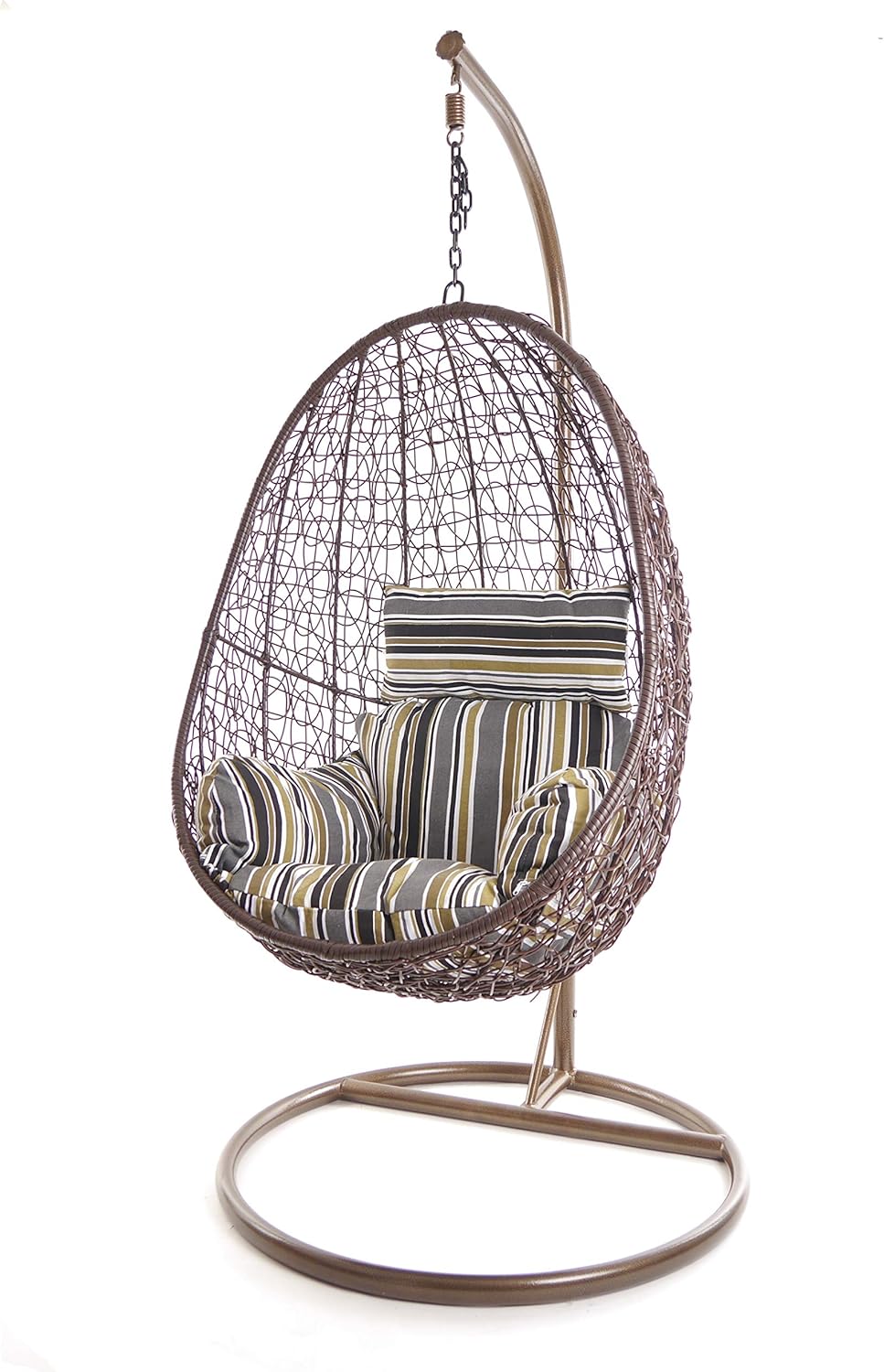 Kideo fauteuil suspendu marron avec coussin rayé naturel - Chaise lounge suspendue avec armature métal - Siège oeuf intérieur extérieur