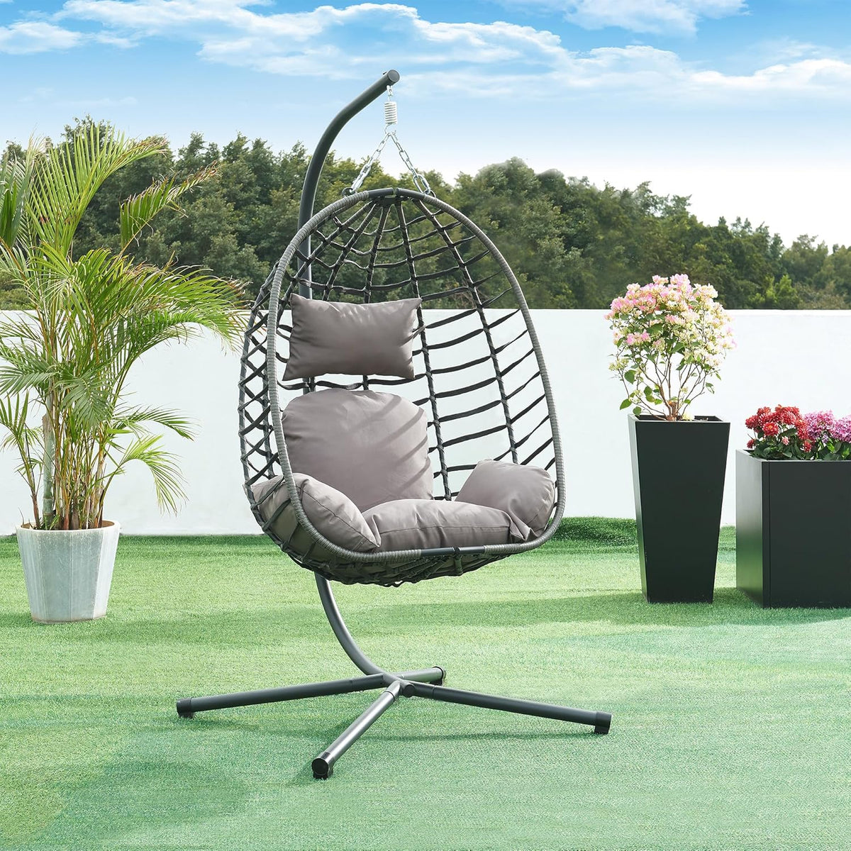 [en.casa] fauteuil suspendu avec support - Chaise oeuf hamac intérieur extérieur - Armature acier polyrotin polyester gris 198 x 110 x 95 cm