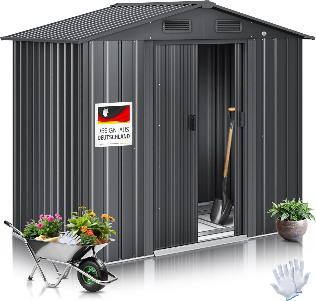 KESSER abri de jardin métal XL 4,2 m³ - Cabane rangement outils anthracite avec fondation - 2 portes coulissantes et toit à pignon