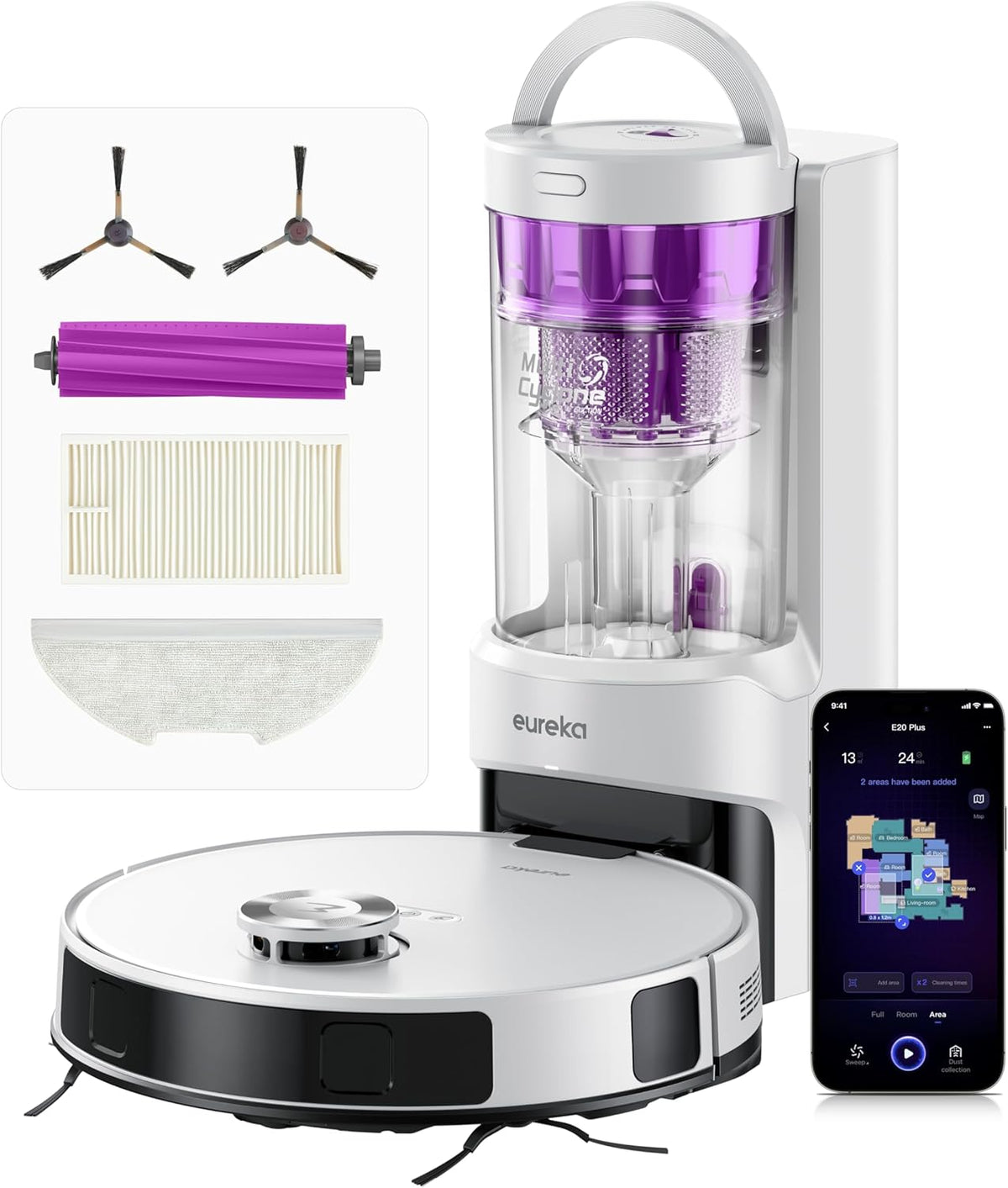 Eureka E20 Plus Robot Aspirateur Laveur - Aspiration 8000 Pa avec Station de Vidange Automatique Sans Sac - Évitement Obstacles 3D et Navigation DuoDetect AI