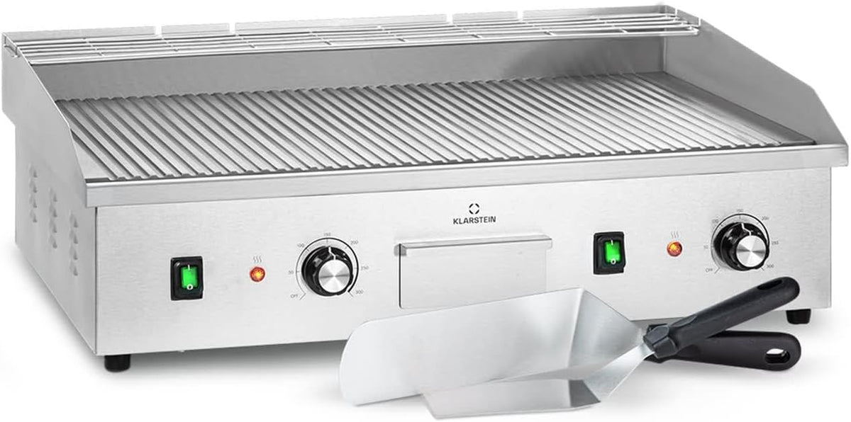 Klarstein barbecue électrique de table - Plancha antiadhésive amovible avec contrôle de température - Affichage LED et 2 spatules - Acier inoxydable argenté 50 x 73 x 20 cm