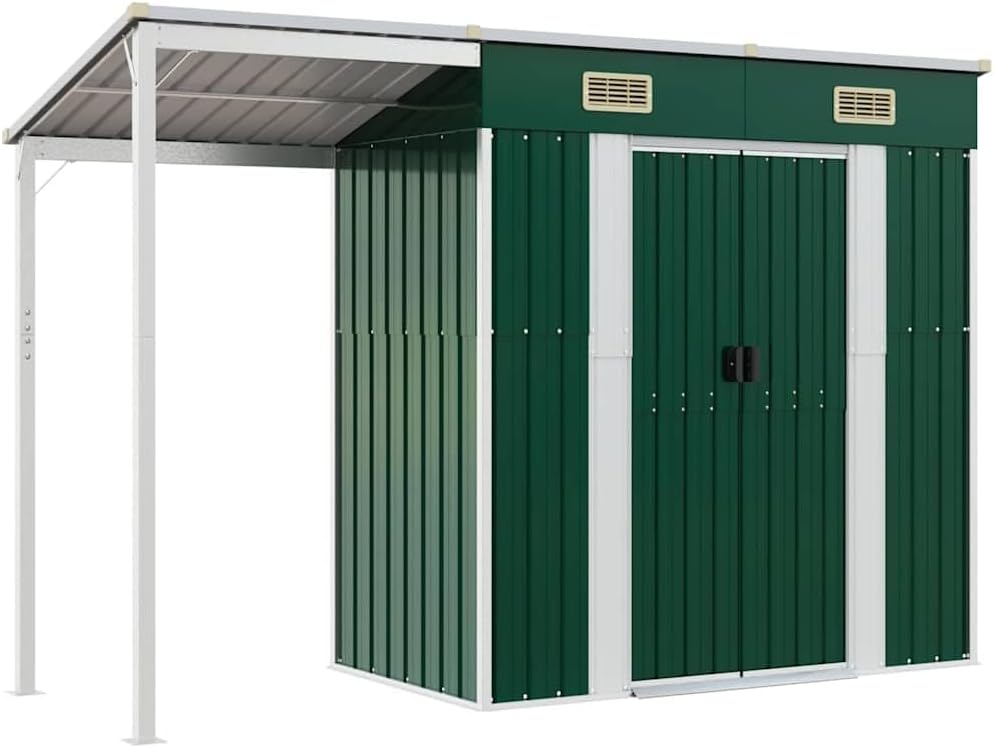 vidaXL abri de jardin acier avec toit prolongé vert - Rangement outils extérieur - 277 x 107 x 181 cm étanche