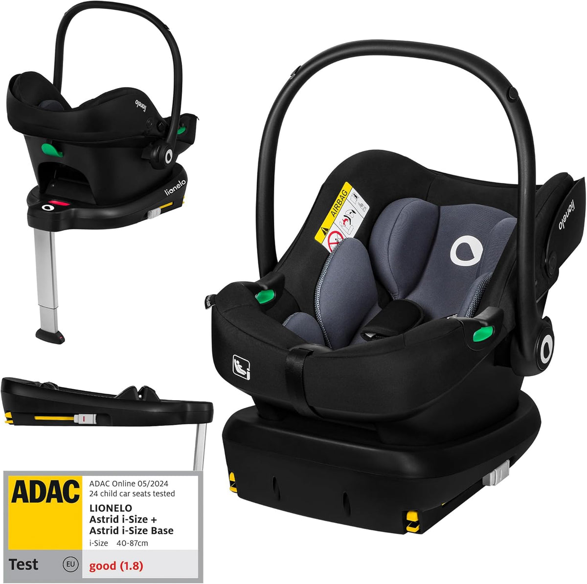 LIONELO Astrid i-Size Ensemble Siège Auto Bébé avec Base - ISOFIX 40 à 87 cm - Harnais 3 Points et Protection Latérale Noir Gris