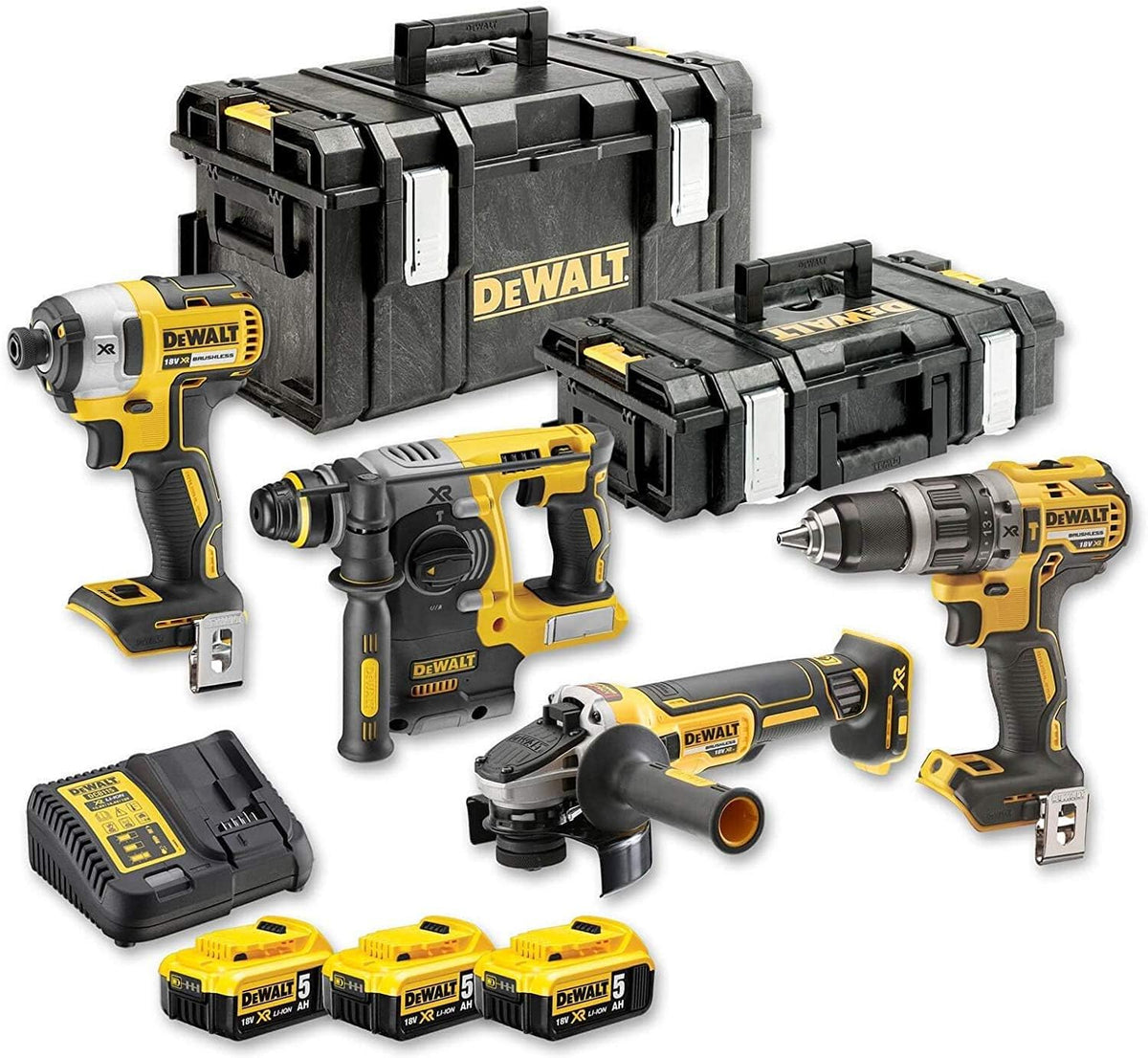 DeWalt DCK422P3-QW kit 4 outils XR 18 V Brushless - Perceuse visseuse visseuse à chocs meuleuse perforateur - 3 batteries 5 Ah et chargeur - 2 coffrets TSTAK
