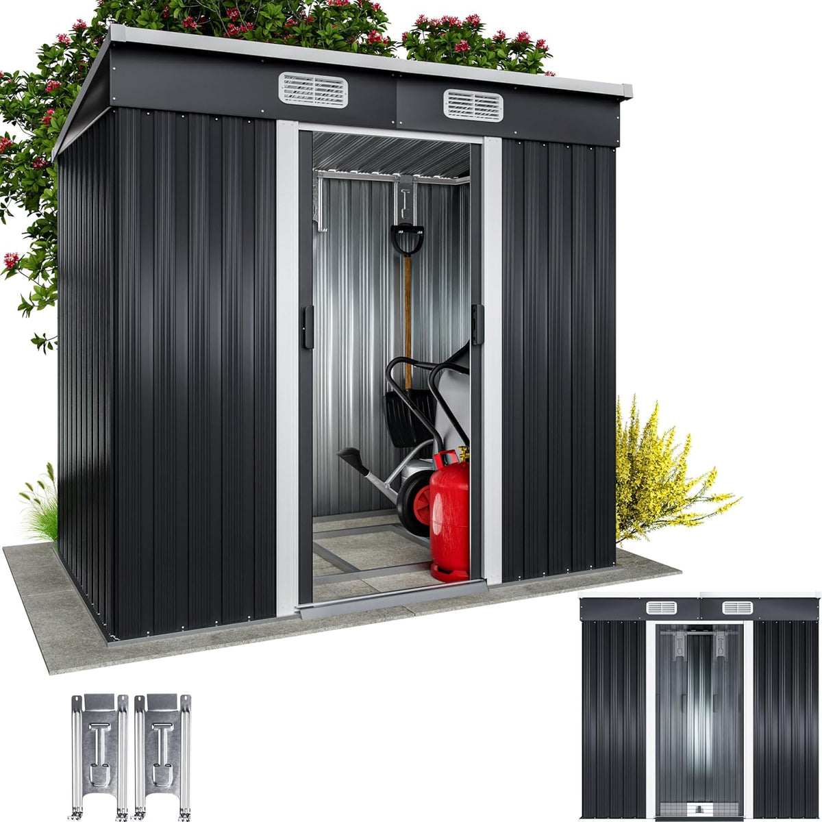 GARDEBRUK abri de jardin métal L 2 m² - Cabane rangement outils anthracite - Porte coulissante étanche pour extérieur
