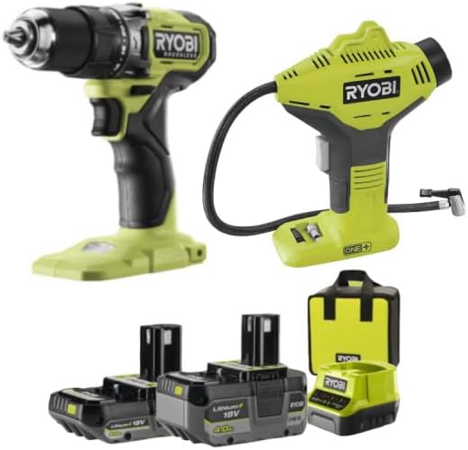 RYOBI ONE Plus perceuse visseuse à percussion 18 V Brushless - Couple maximal 54 Nm avec mandrin 13 mm - Batteries 2 Ah et 4 Ah avec chargeur - Compresseur inclus