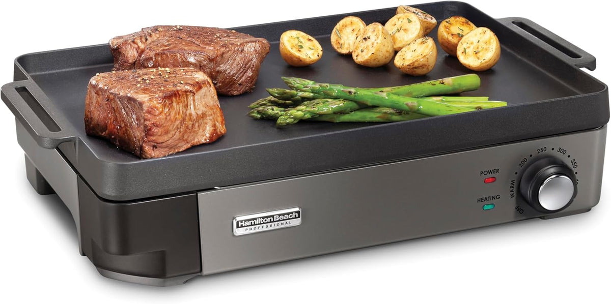 Hamilton Beach Professional 38560 grill électrique - Plaque en fonte 25,4 x 40,6 cm - Température réglable jusqu'à 232 degrés Celsius - Puissance 1800 W finition noire
