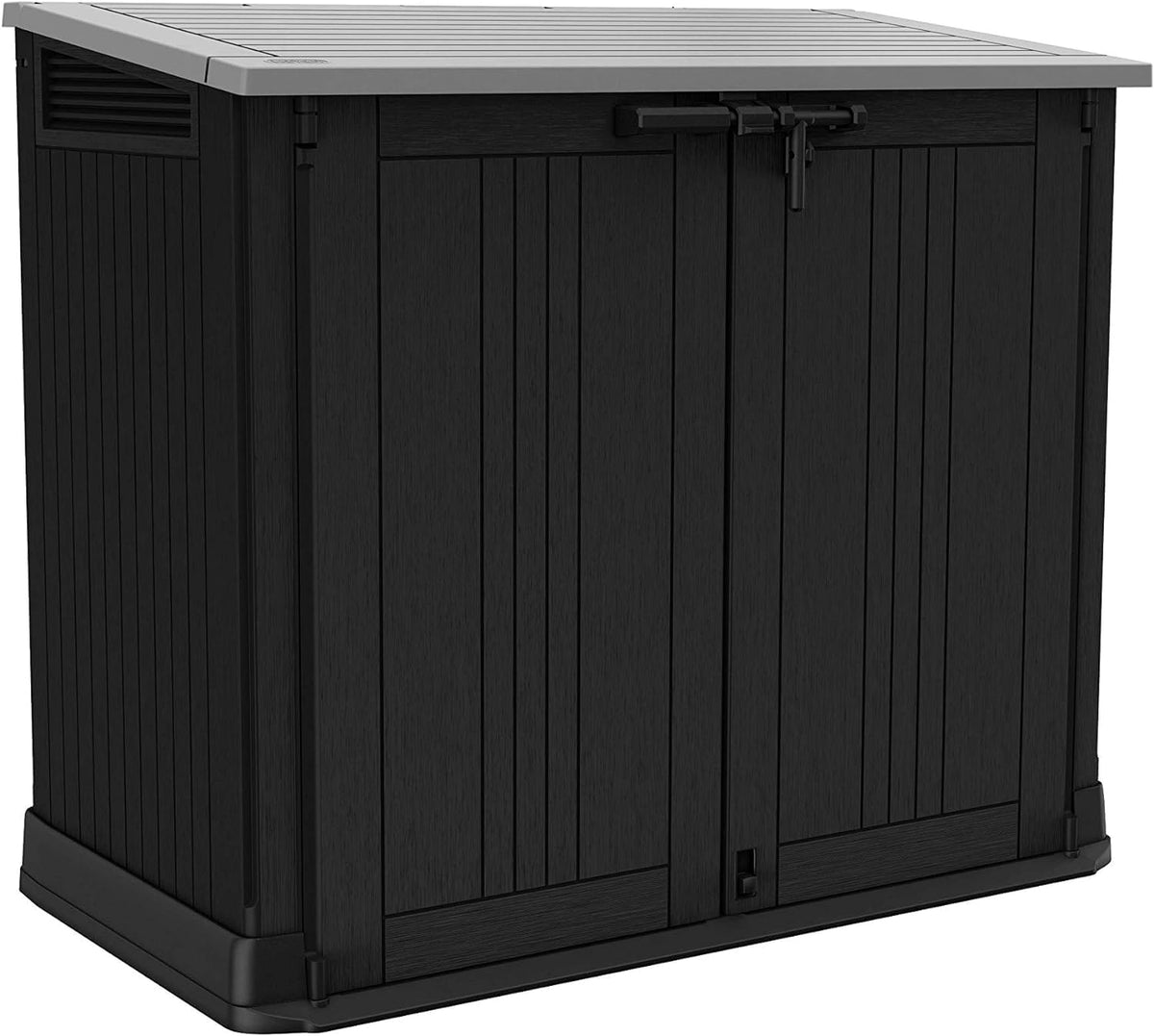 Keter SIO Nova abri horizontal 880 L - Polypropylène gris foncé avec couvercle gris clair - Imitation lattes de bois pour poubelles - Dimensions 132 x 71,5 x 113,5 cm