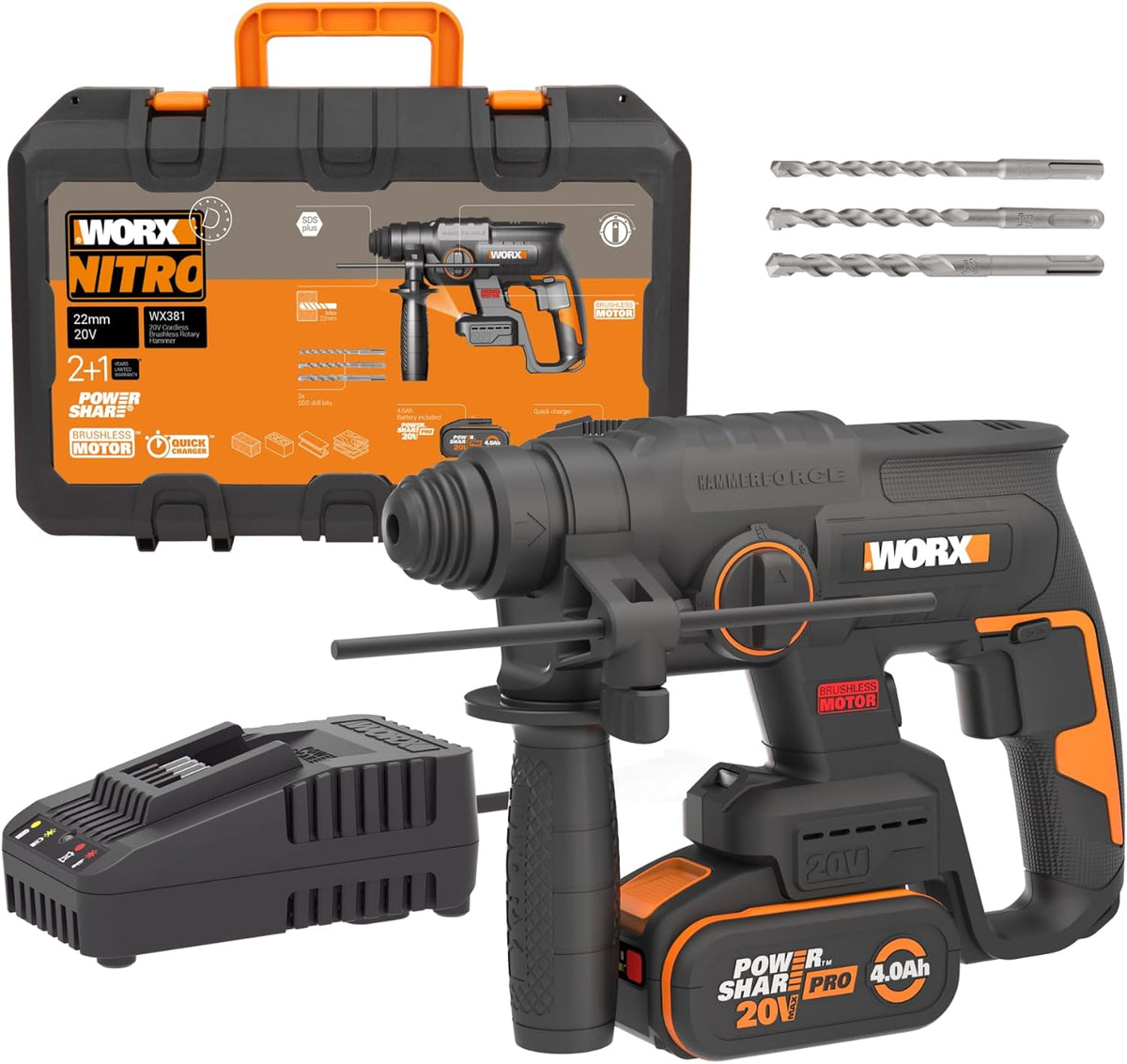 WORX WX381 perforateur sans fil Brushless 20 V - Énergie de frappe 2 J et vitesse jusqu'à 1350 tr par minute - Perçage percussion burinage 3 en 1 - Batterie 4 Ah chargeur accessoires
