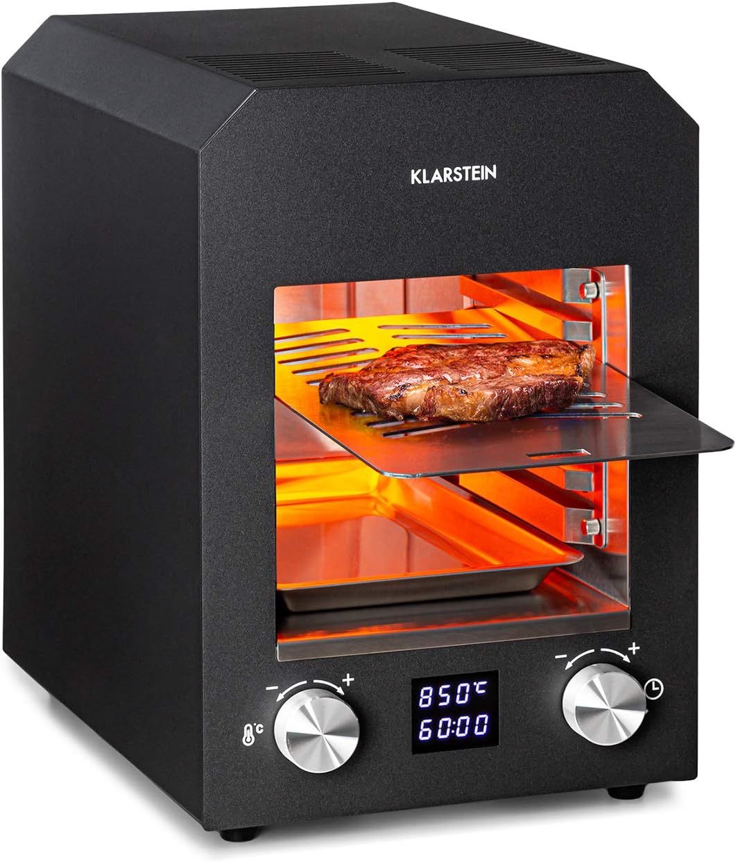 Klarstein Hannibal gril haute température - Puissance 2200 W avec infrarouge CharForce - Température de 200 à 850 degrés Celsius - Écran LED minuterie surface 18,5 x 30 cm