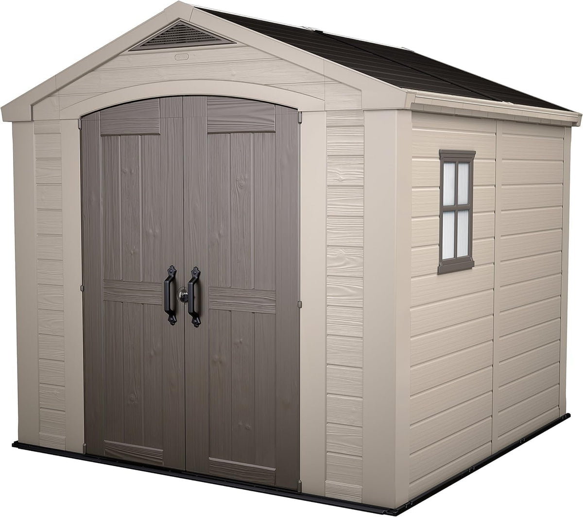 Keter Factor 88 abri de jardin 6,3 m2 - Résine taupe beige avec structure plastique - Porte à charnière et conception hydrofuge - Dimensions 257 x 255 x 243 cm