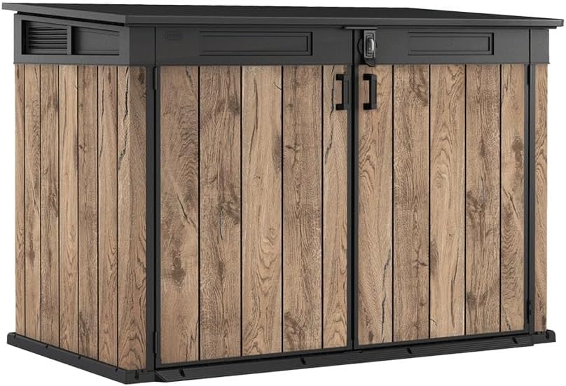 Keter Signature coffre de rangement jardin 2020 L - Résine marron aspect bois contemporain - Ouverture par pistons hydrauliques et ventilation - Étanche 190 x 109 x 132 cm