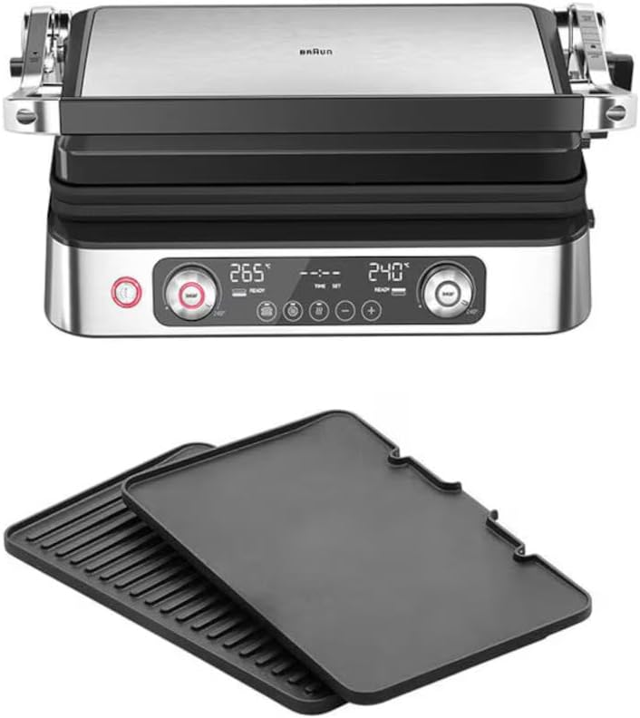 Braun MultiGrill 9 Pro CG9140 grill électrique - Puissance 2200 W avec 2 thermostats indépendants - 3 positions de cuisson et plaques lavables - Bac à graisse noir et acier inoxydable