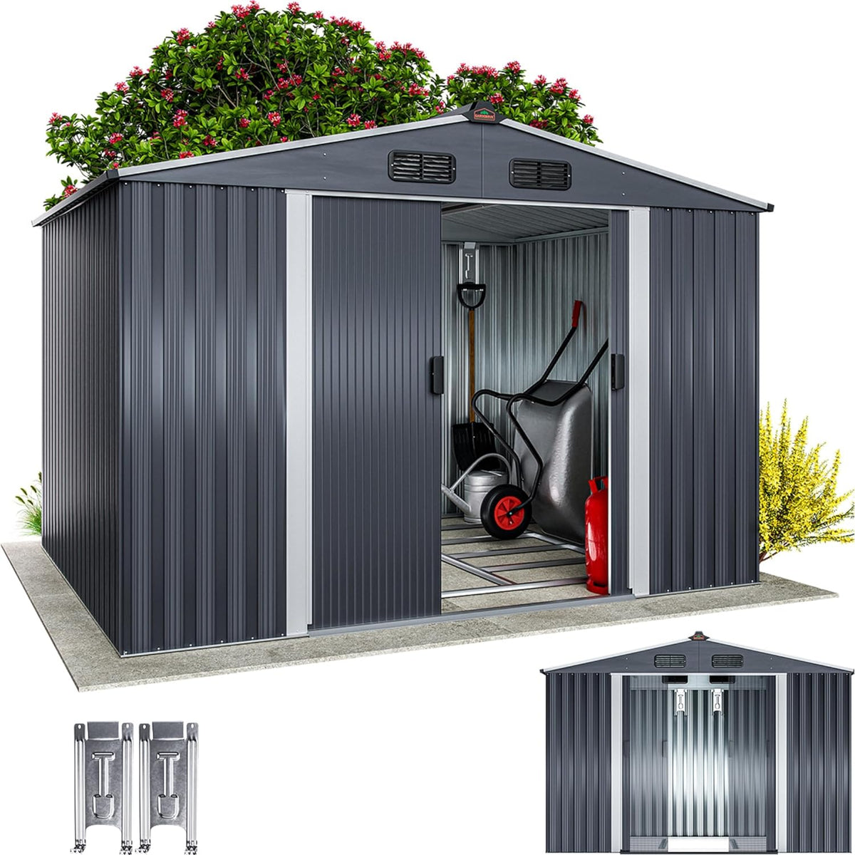 GARDEBRUK abri de jardin métal XXL 5 m² - Cabane rangement outils anthracite - Porte coulissante acier galvanisé étanche