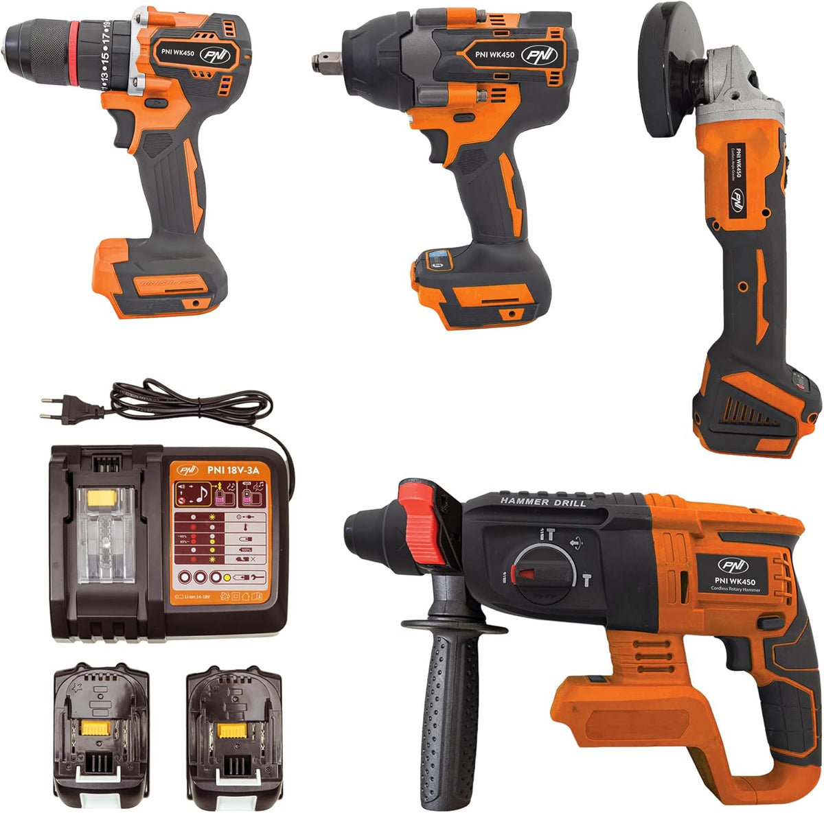 PNI WK450 kit d'outils électriques sans fil - Alimentation 18 V pour travaux de bricolage et chantier - 2 batteries 5 Ah incluses - Chargeur fourni poids total 8,81 kg