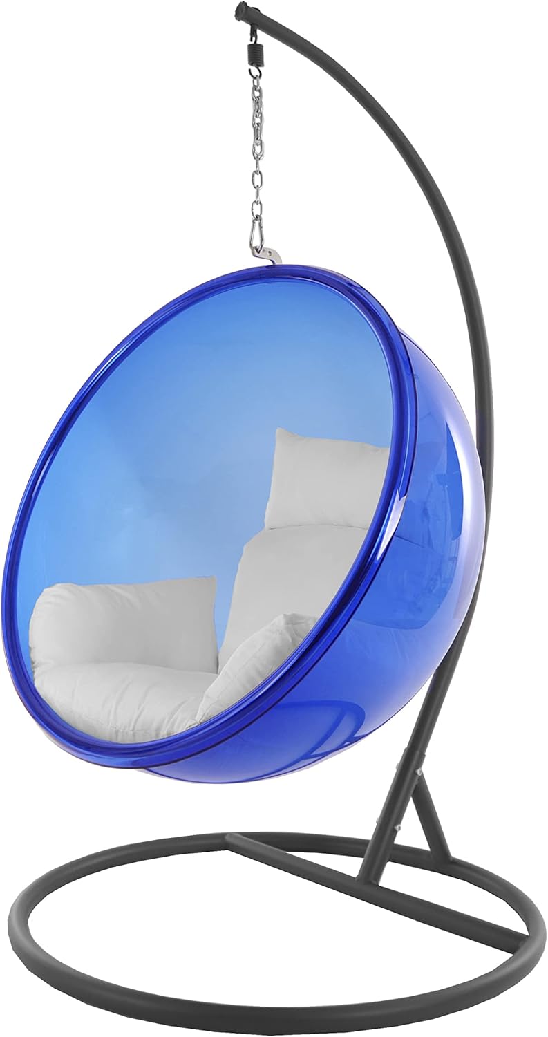 Kideo fauteuil suspendu demi coque translucide avec structure et coussin - Chaise bubble bleu - Siège oeuf intérieur extérieur