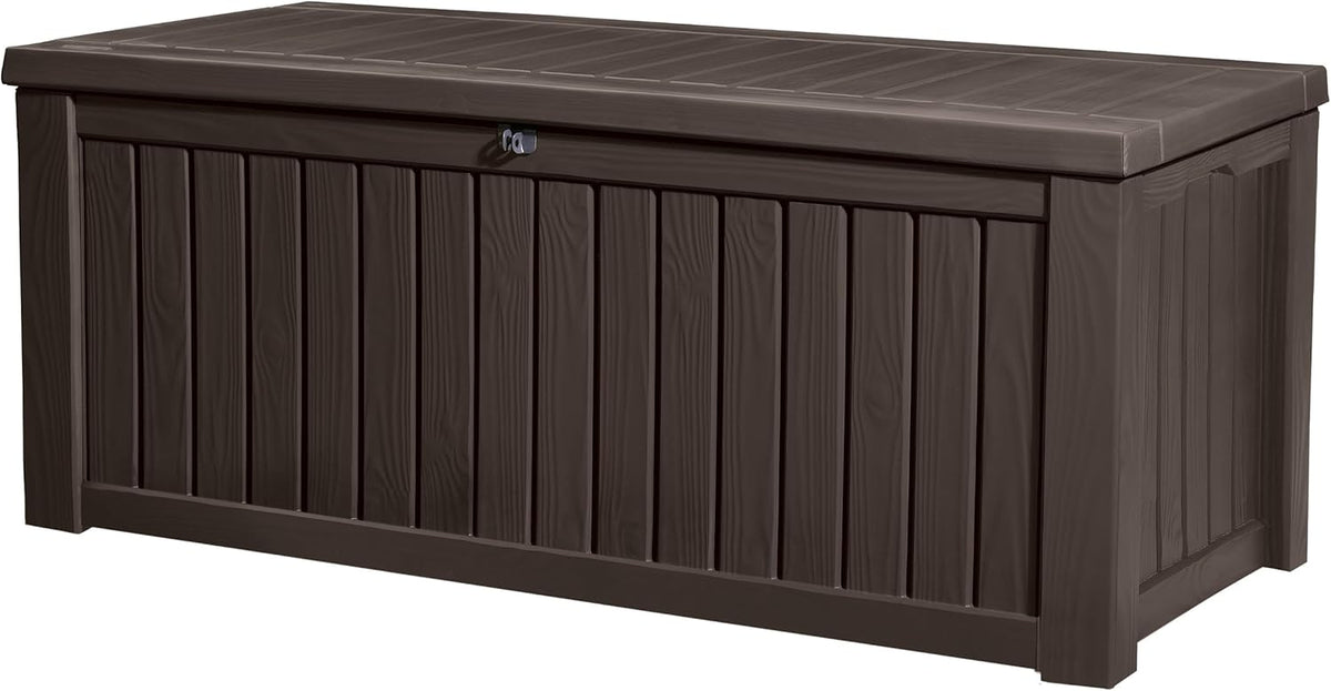 KETER Rockwood coffre de rangement extérieur 570 litres - Coffre jardin verrouillable imitation bois - Rangement jouets et accessoires imperméable