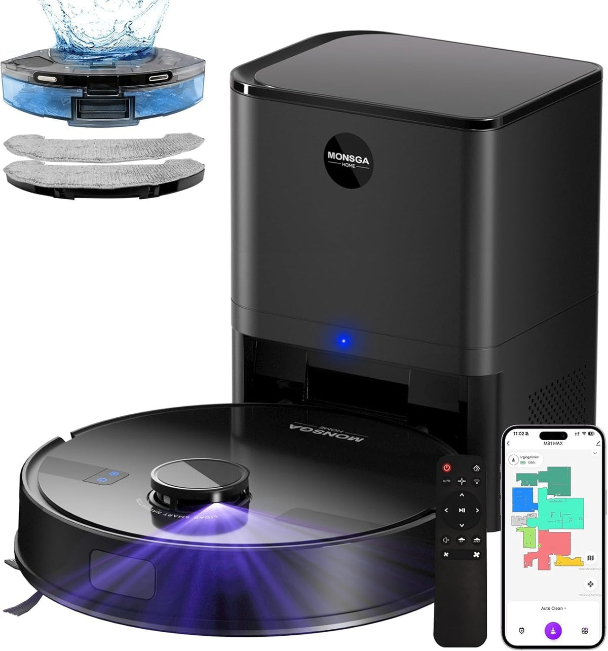 MONSGA MS1 MAX Robot Aspirateur Laveur 2 en 1 - Aspiration 5000 Pa avec Station 3,5 L - Navigation LiDAR Cartographie et Autonomie 180 Minutes