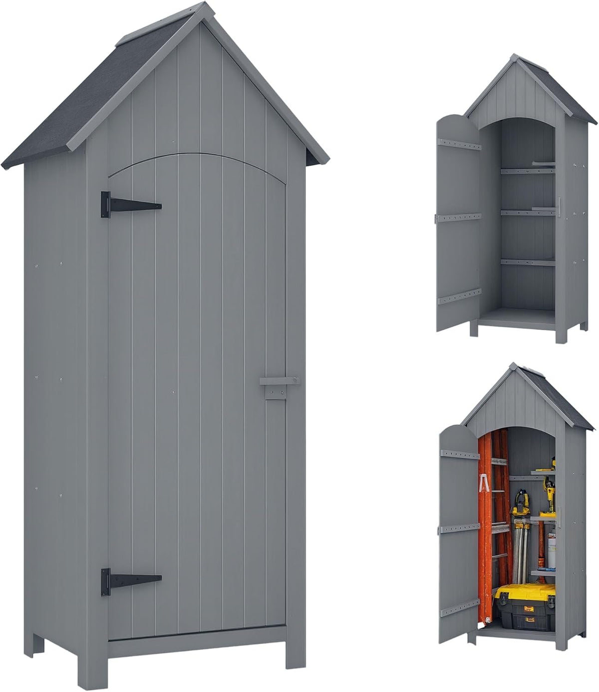 Outsunny armoire de jardin en bois - Sapin gris avec toit bitumé et 3 étagères - Porte avec loquet pour rangement extérieur - Dimensions 77,5 x 54,2 x 179,5 cm