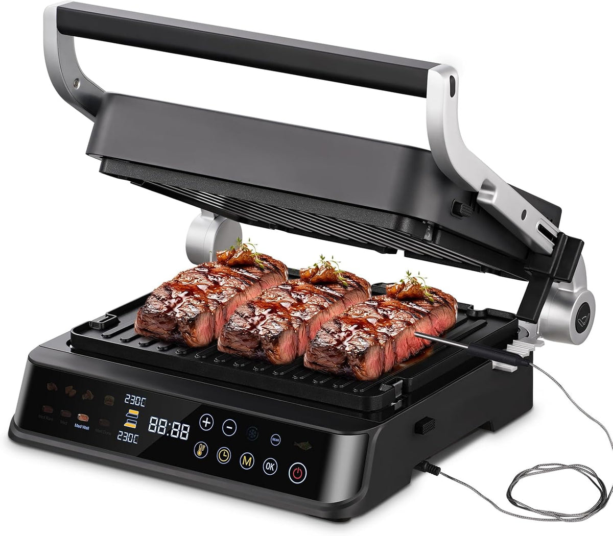 AMAZHEF Grill électrique multifonction 6 en 1 - Plaques antiadhésives amovibles - Fonction Sear 280°C et thermostat double 2000 W