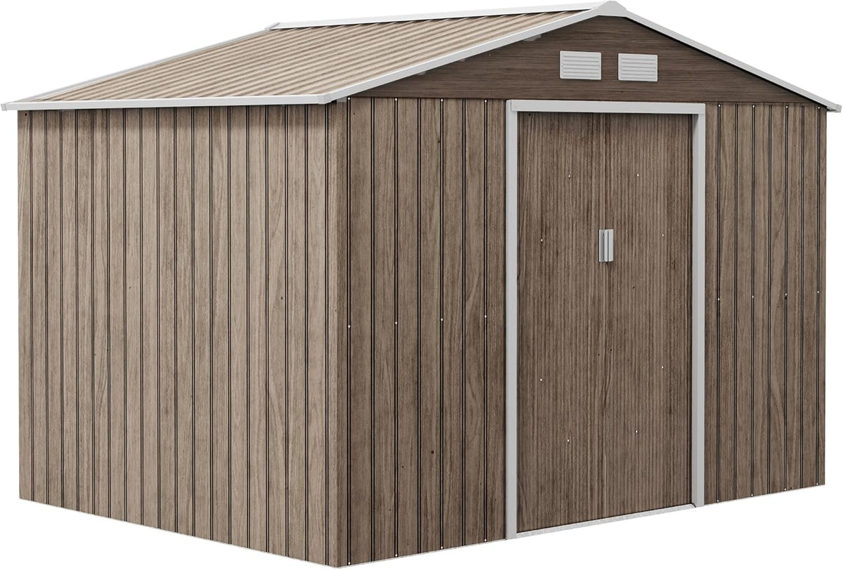 Outsunny abri de jardin métal 5,4 m2 - Acier allié marron clair avec kit de fondation - Porte coulissante verrouillable et 4 aérations - Dimensions 277 x 195 x 192 cm